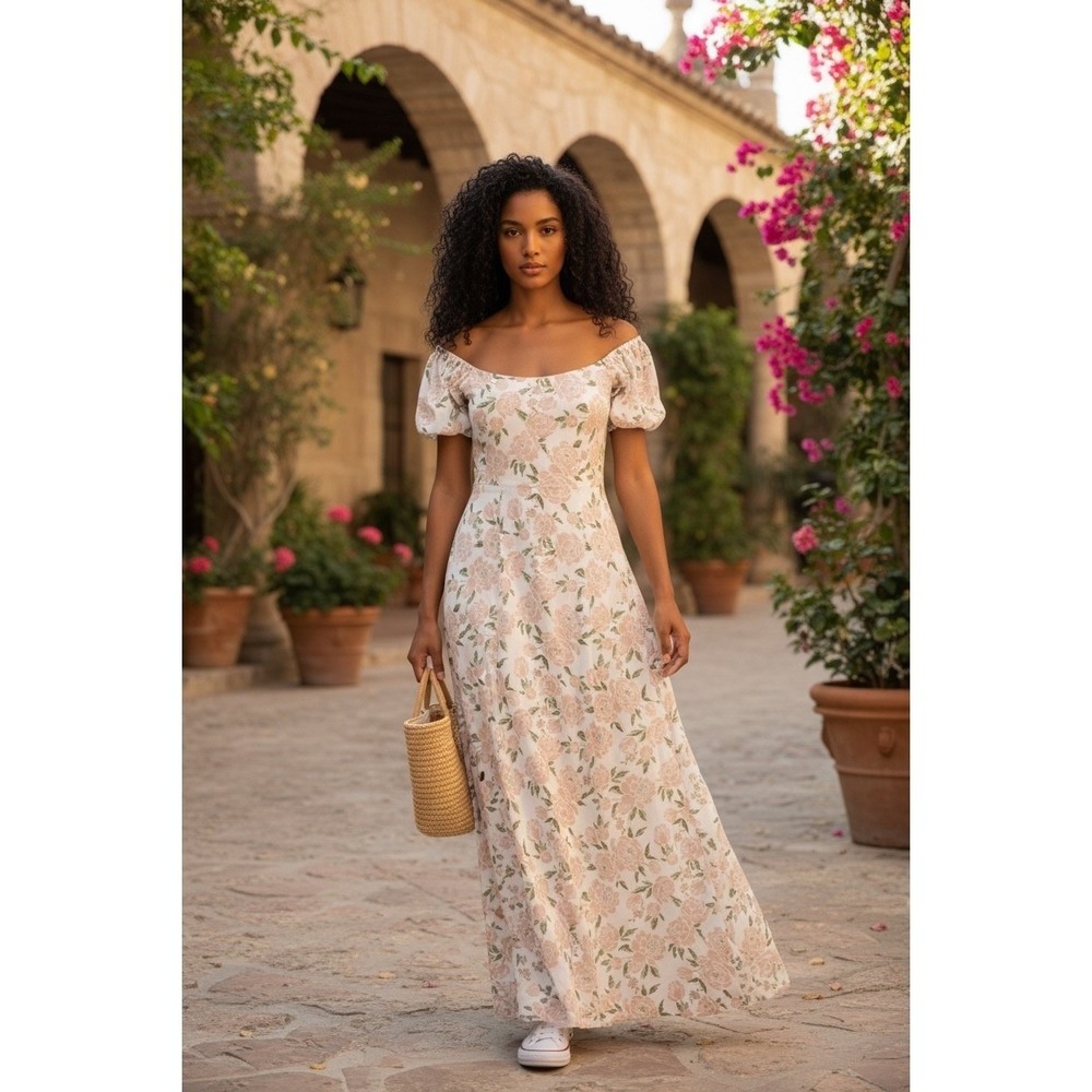 SMITH & QUINN Floral Maxi Dress Off Shoulder Puff Sleeve Cottage‎ core sz M